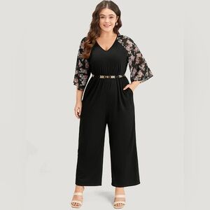 Bloom Chic Black Floral Sleeve Cropped Wide Leg Jumpsuit NWT 14 / 16